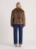 Women's Faux Fur Shawl Collar Jacket – Open-Front Plush Coat in Brown