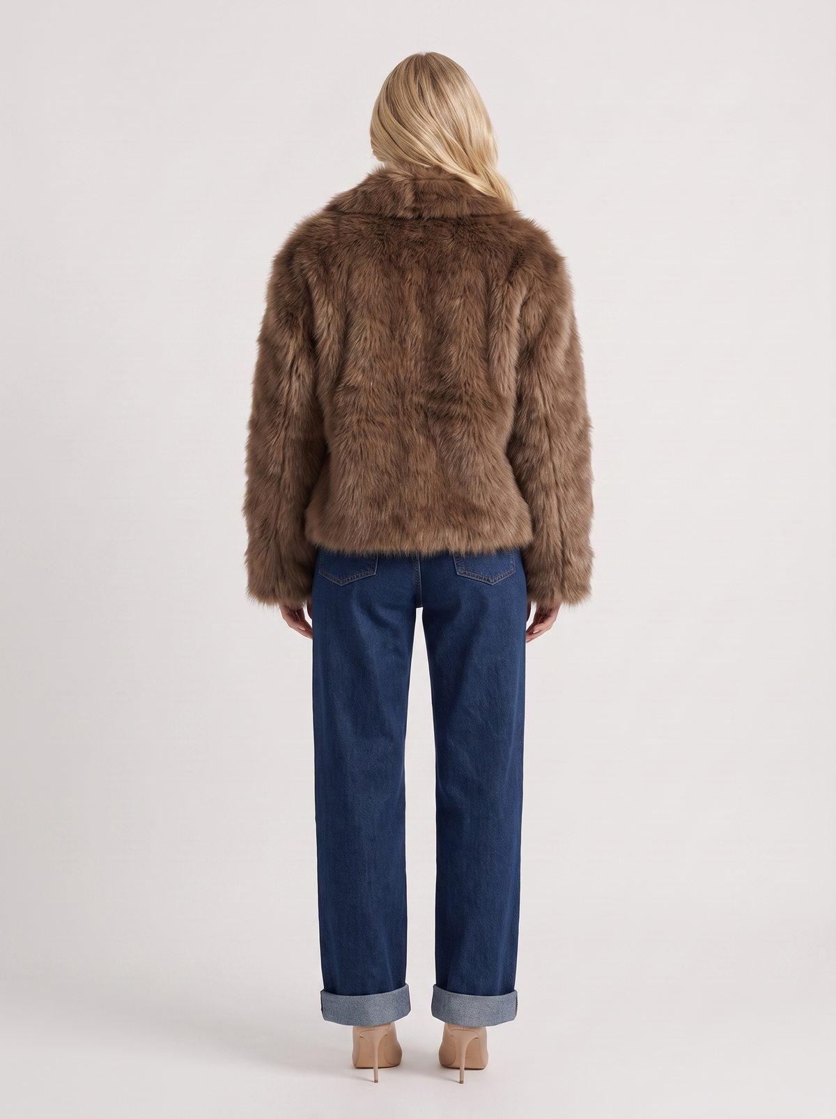 Women's Faux Fur Shawl Collar Jacket – Open-Front Plush Coat in Brown