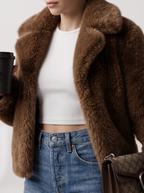 Women's Faux Fur Shawl Collar Jacket – Open-Front Plush Coat in Brown
