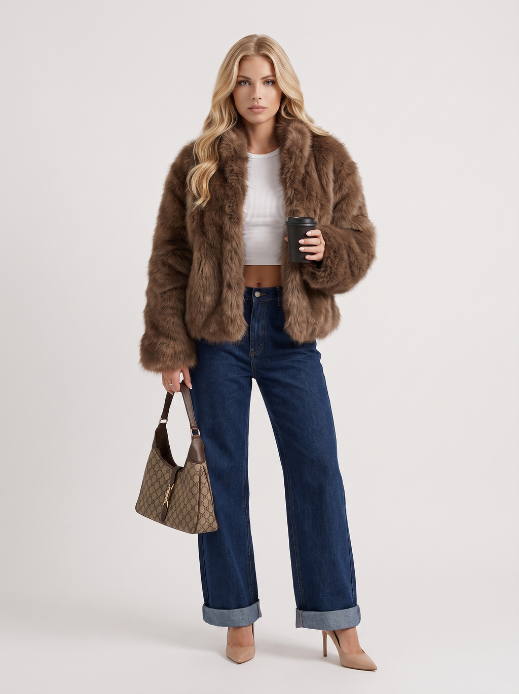 Women's Faux Fur Shawl Collar Jacket – Open-Front Plush Coat in Brown