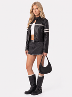 Women's Cropped Faux Leather Racer Jacket – Contrast Stripe Moto Jacket in Black