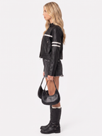Women's Cropped Faux Leather Racer Jacket – Contrast Stripe Moto Jacket in Black