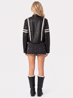 Women's Cropped Faux Leather Racer Jacket – Contrast Stripe Moto Jacket in Black
