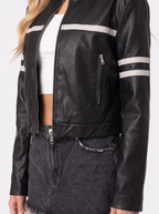 Women's Cropped Faux Leather Racer Jacket – Contrast Stripe Moto Jacket in Black
