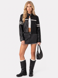 Women's Cropped Faux Leather Racer Jacket – Contrast Stripe Moto Jacket in Black