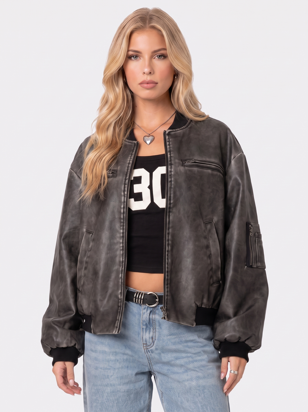 Women's Washed Faux Leather Bomber Jacket – Utility Pocket Zip Jacket in Gray