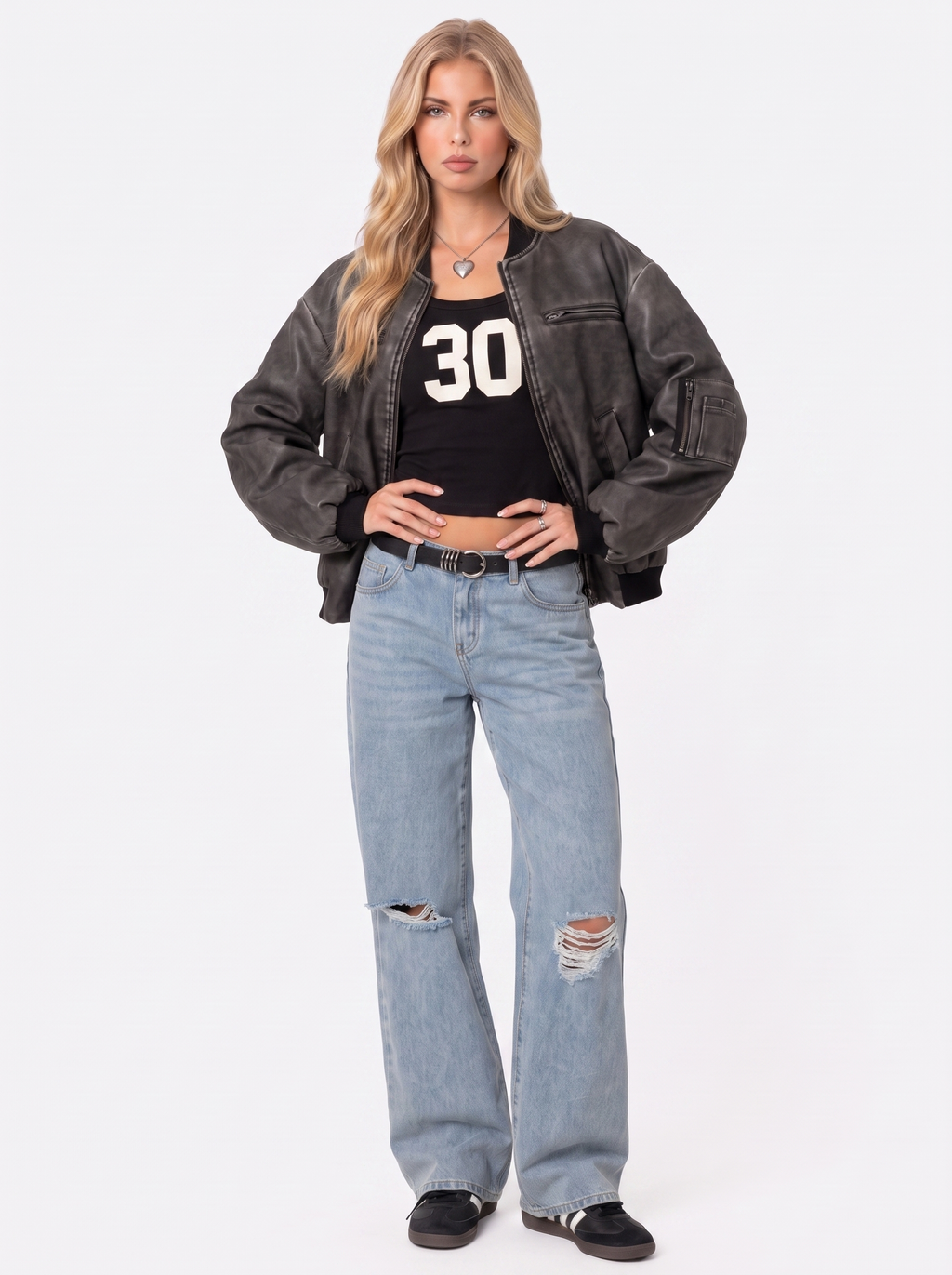 Women's Washed Faux Leather Bomber Jacket – Utility Pocket Zip Jacket in Gray