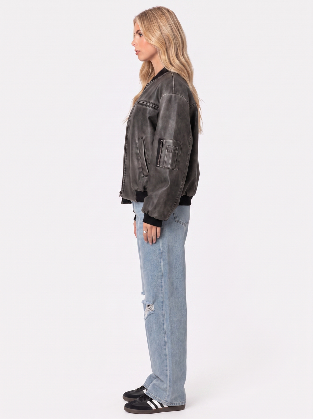 Women's Washed Faux Leather Bomber Jacket – Utility Pocket Zip Jacket in Gray