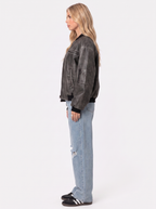 Women's Washed Faux Leather Bomber Jacket – Utility Pocket Zip Jacket in Gray