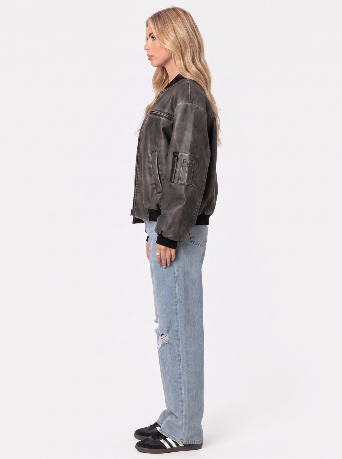 Women's Washed Faux Leather Bomber Jacket – Utility Pocket Zip Jacket in Gray