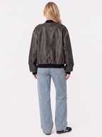 Women's Washed Faux Leather Bomber Jacket – Utility Pocket Zip Jacket in Gray