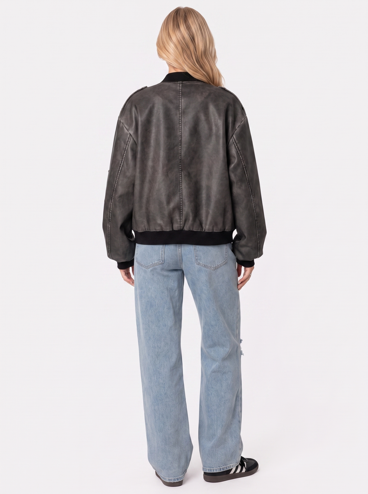 Women's Washed Faux Leather Bomber Jacket – Utility Pocket Zip Jacket in Gray