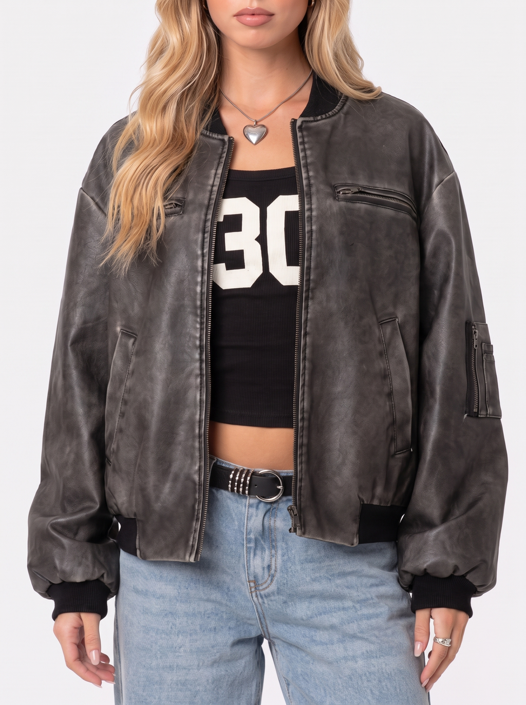 Women's Washed Faux Leather Bomber Jacket – Utility Pocket Zip Jacket in Gray