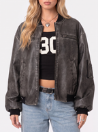 Women's Washed Faux Leather Bomber Jacket – Utility Pocket Zip Jacket in Gray
