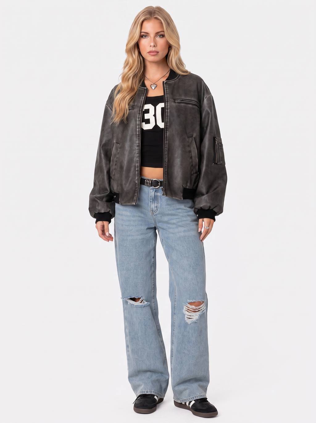 Women's Washed Faux Leather Bomber Jacket – Utility Pocket Zip Jacket in Gray