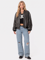 Women's Washed Faux Leather Bomber Jacket – Utility Pocket Zip Jacket in Gray