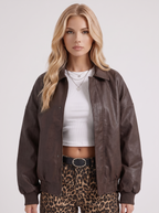 Women's Collared Faux Leather Bomber Jacket – Oversized Snap Placket Jacket in Brown