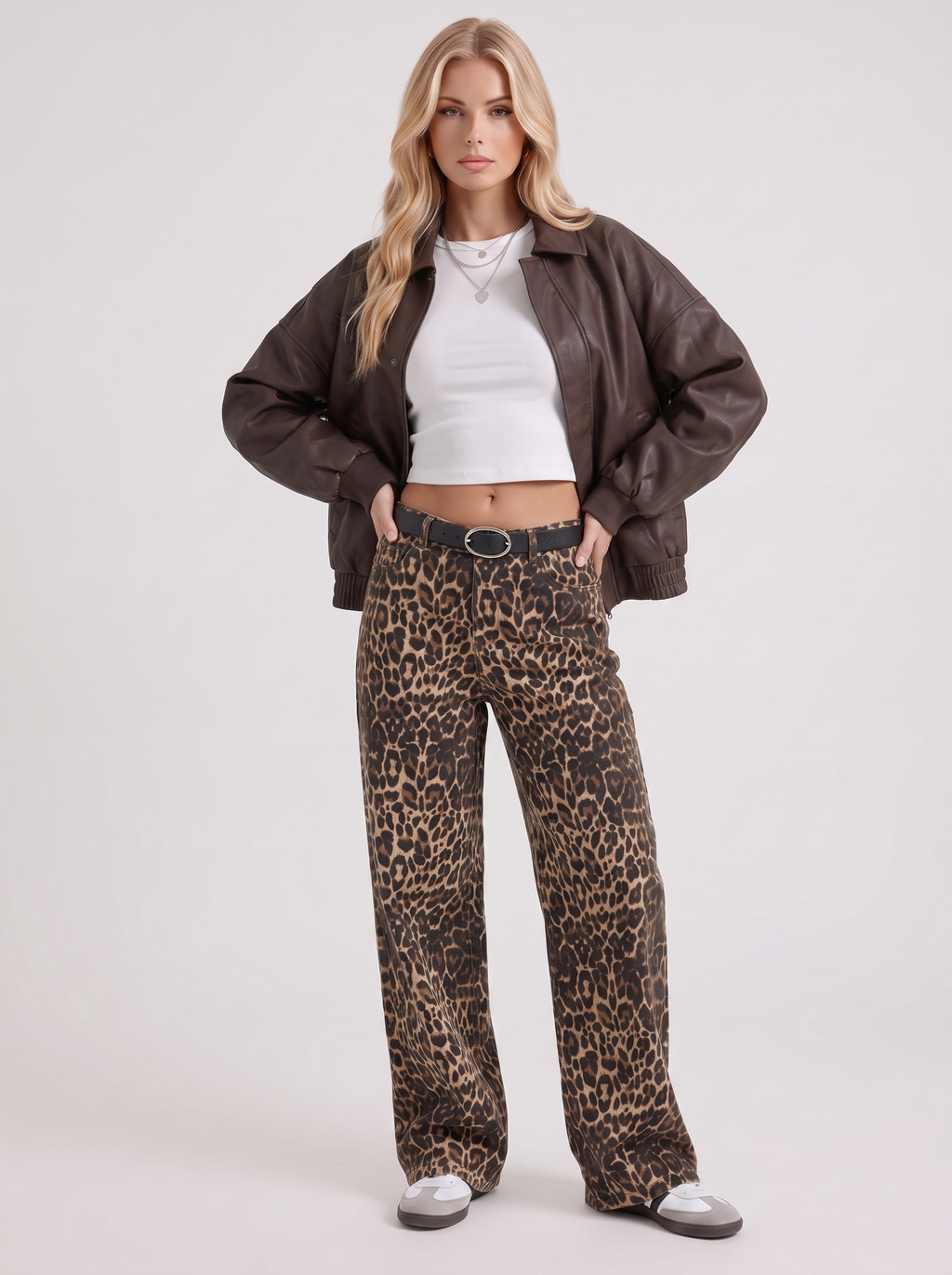 Women's Collared Faux Leather Bomber Jacket – Oversized Snap Placket Jacket in Brown