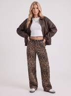 Women's Collared Faux Leather Bomber Jacket – Oversized Snap Placket Jacket in Brown