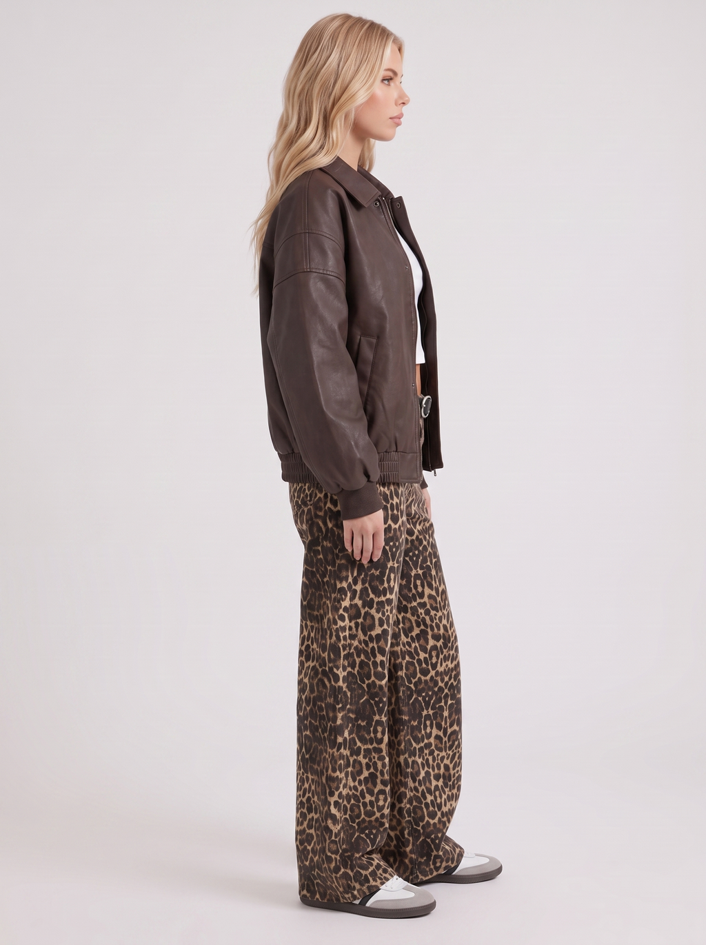 Women's Collared Faux Leather Bomber Jacket – Oversized Snap Placket Jacket in Brown