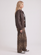 Women's Collared Faux Leather Bomber Jacket – Oversized Snap Placket Jacket in Brown