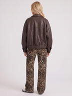 Women's Collared Faux Leather Bomber Jacket – Oversized Snap Placket Jacket in Brown