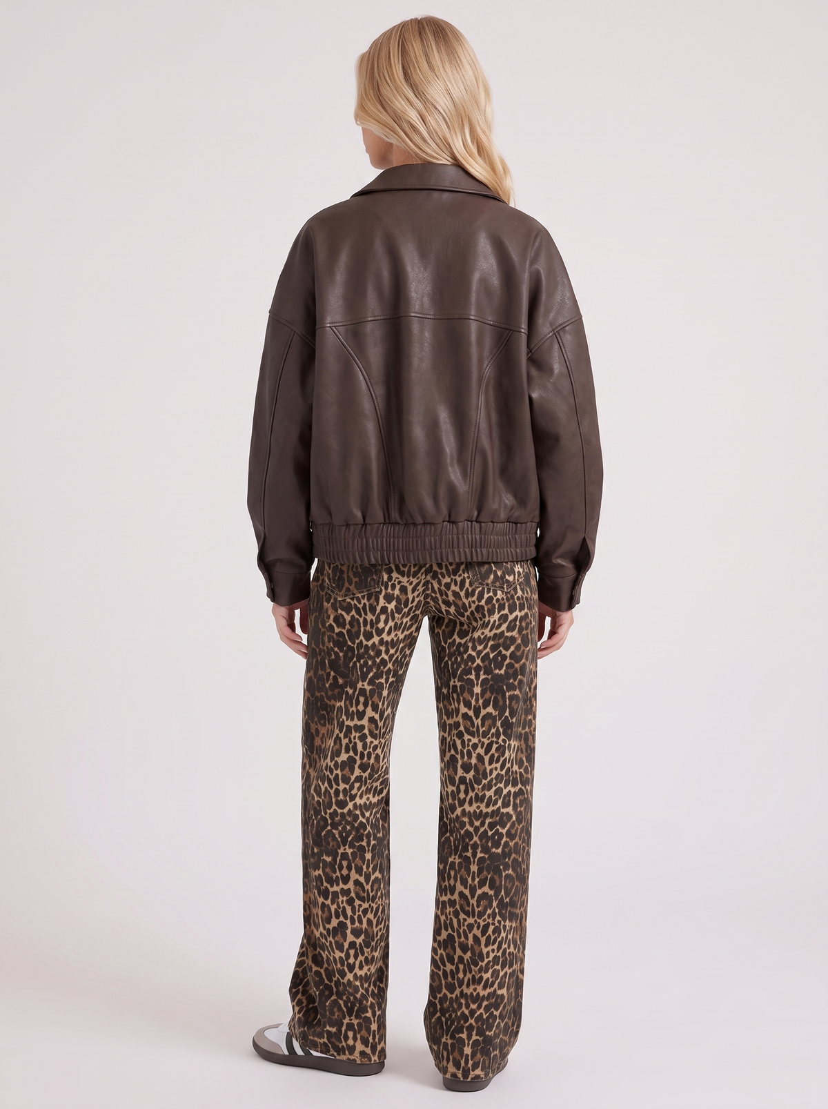 Women's Collared Faux Leather Bomber Jacket – Oversized Snap Placket Jacket in Brown