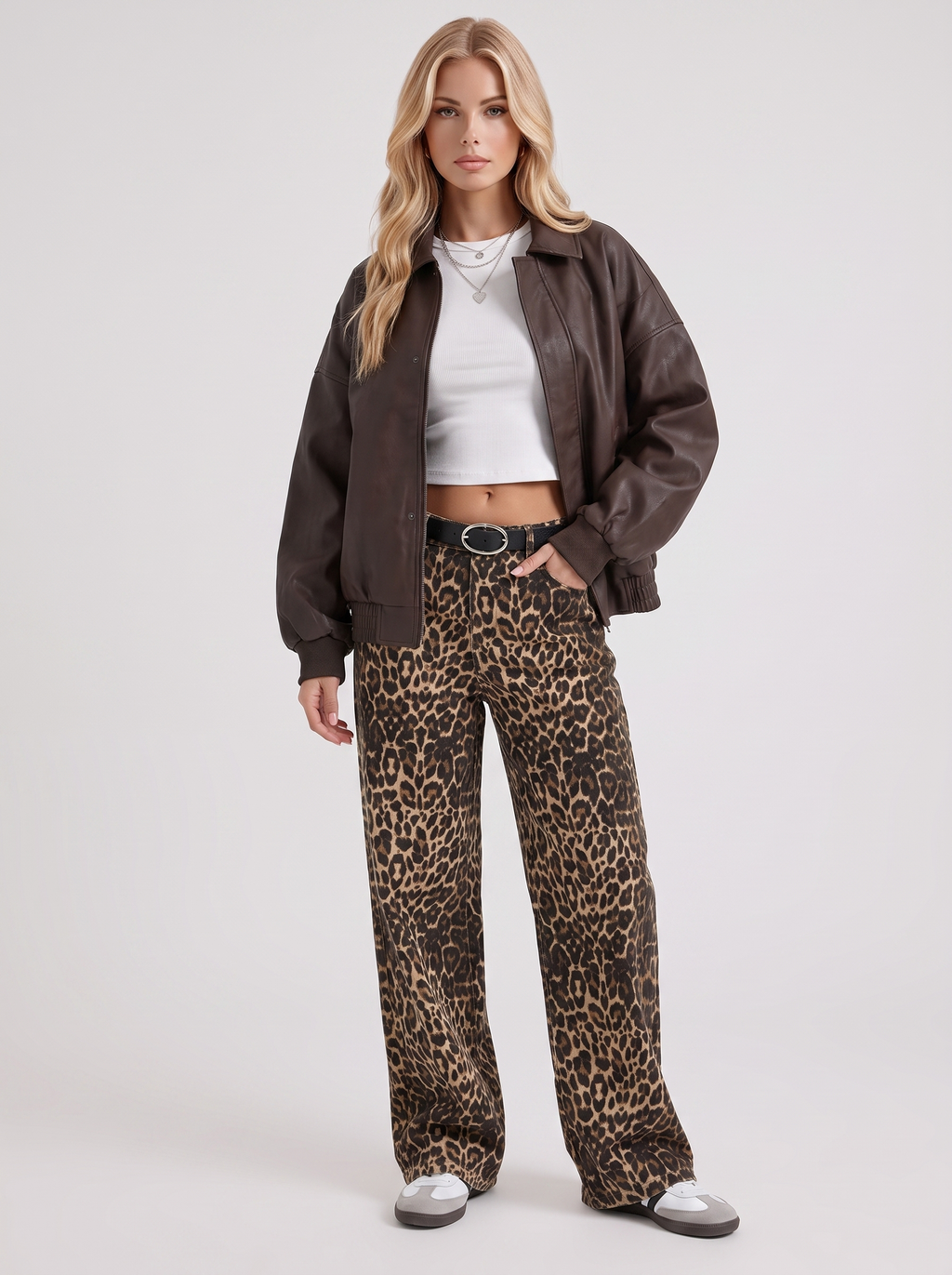Women's Collared Faux Leather Bomber Jacket – Oversized Snap Placket Jacket in Brown