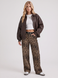Women's Collared Faux Leather Bomber Jacket – Oversized Snap Placket Jacket in Brown