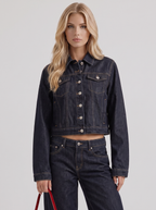 Women's Cropped Denim Trucker Jacket – Dark Indigo with Contrast Stitching