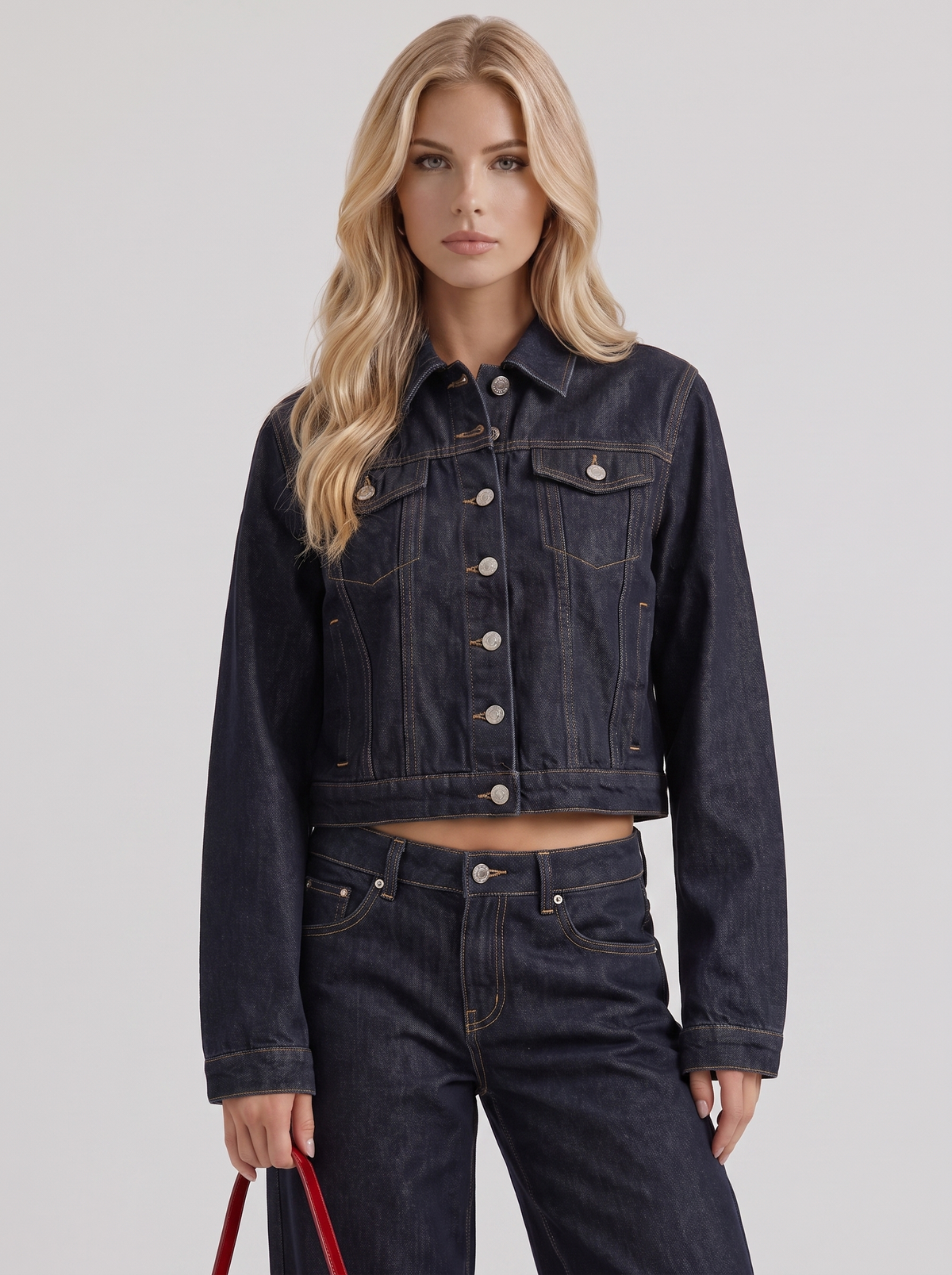 Women's Cropped Denim Trucker Jacket – Dark Indigo with Contrast Stitching