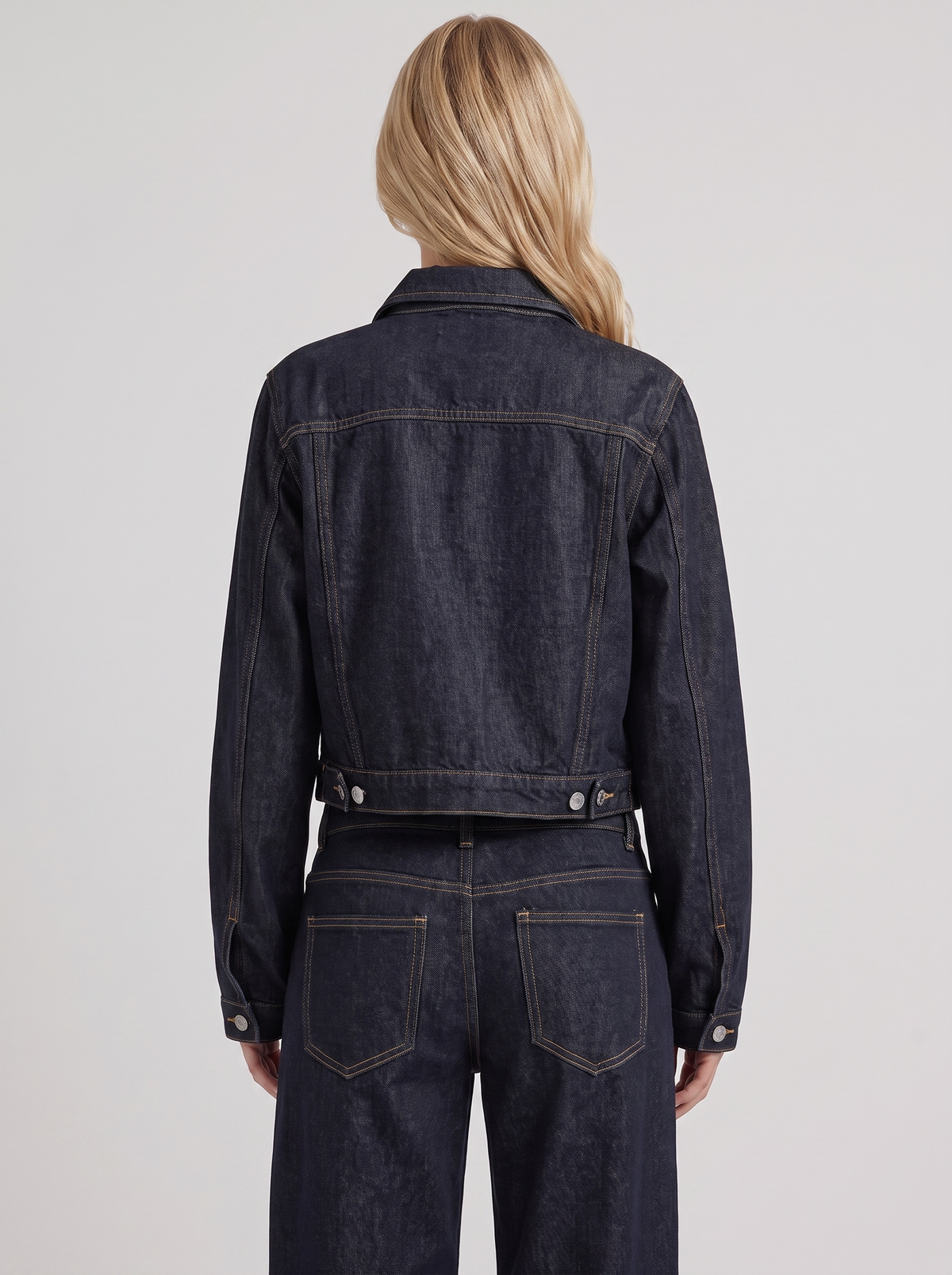 Women's Cropped Denim Trucker Jacket – Dark Indigo with Contrast Stitching