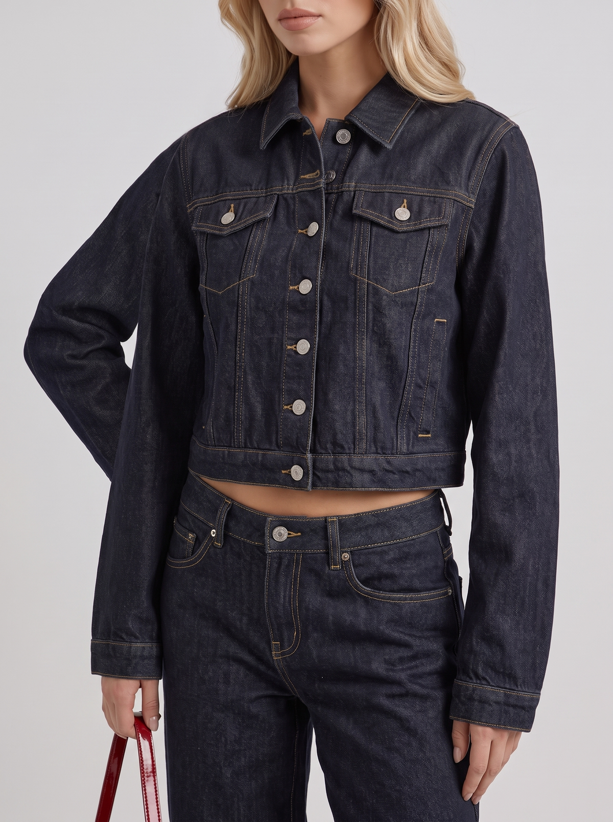 Women's Cropped Denim Trucker Jacket – Dark Indigo with Contrast Stitching
