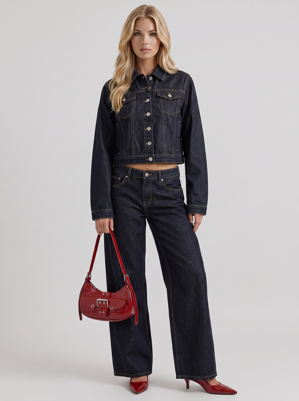 Women's Cropped Denim Trucker Jacket – Dark Indigo with Contrast Stitching