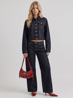 Women's Cropped Denim Trucker Jacket – Dark Indigo with Contrast Stitching