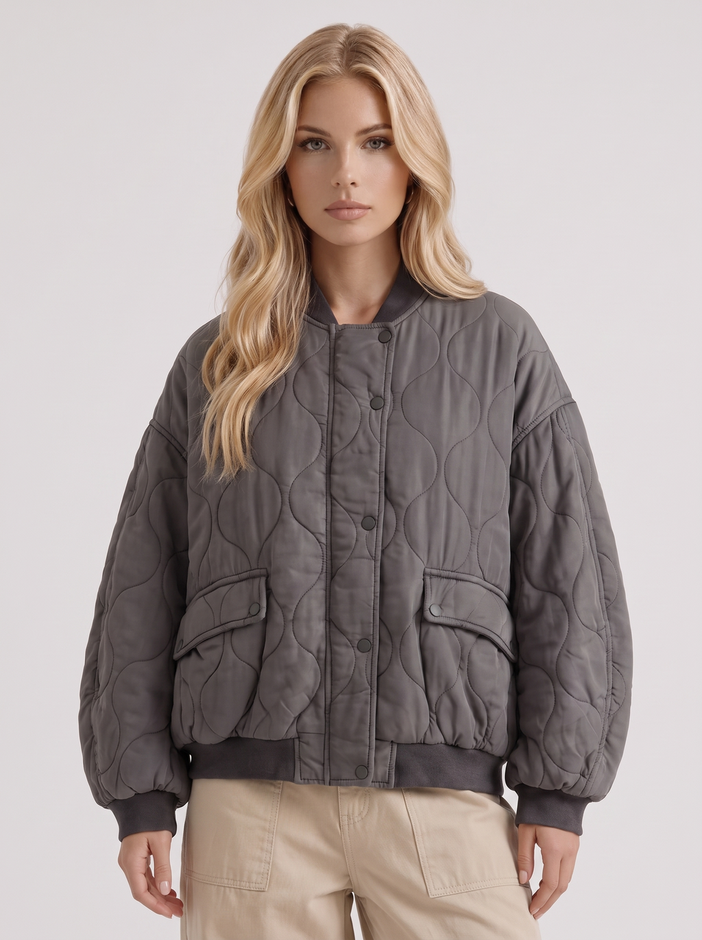 Women's Quilted Bomber Jacket – Oversized Snap-Front Jacket in Charcoal