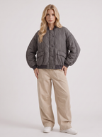 Women's Quilted Bomber Jacket – Oversized Snap-Front Jacket in Charcoal