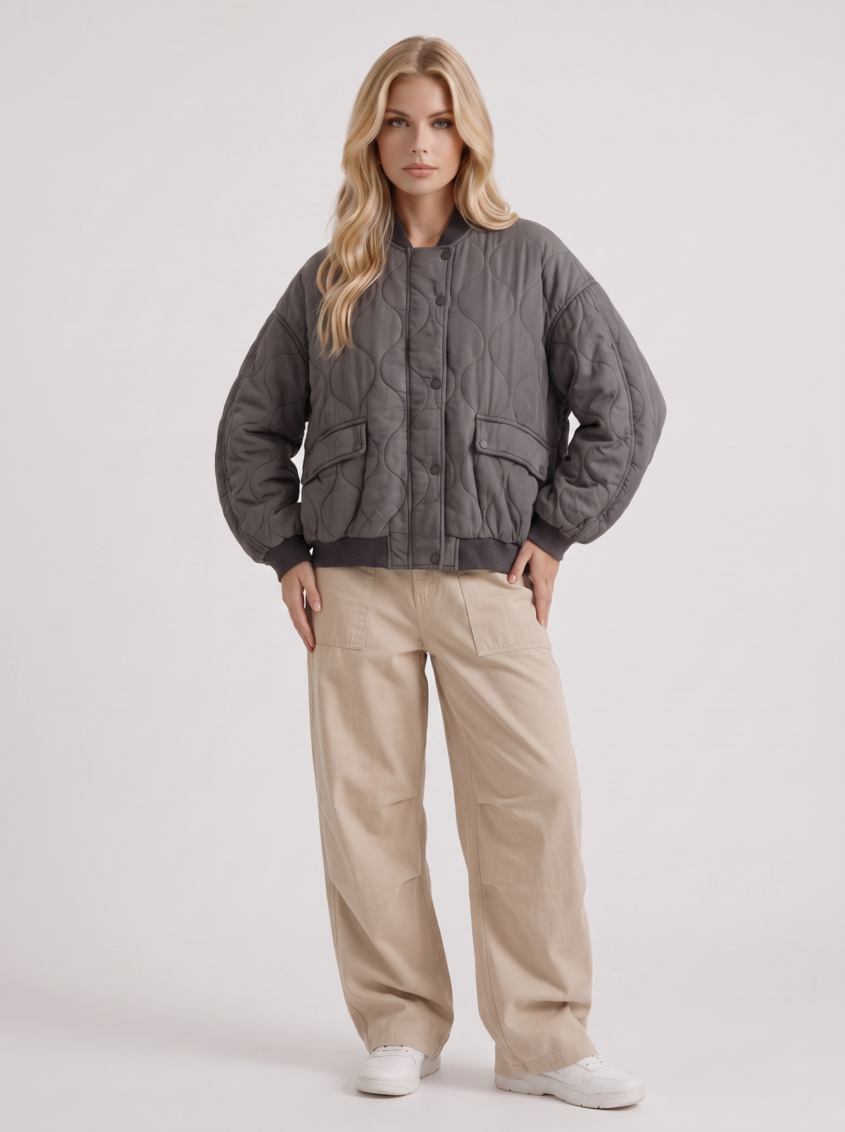 Women's Quilted Bomber Jacket – Oversized Snap-Front Jacket in Charcoal