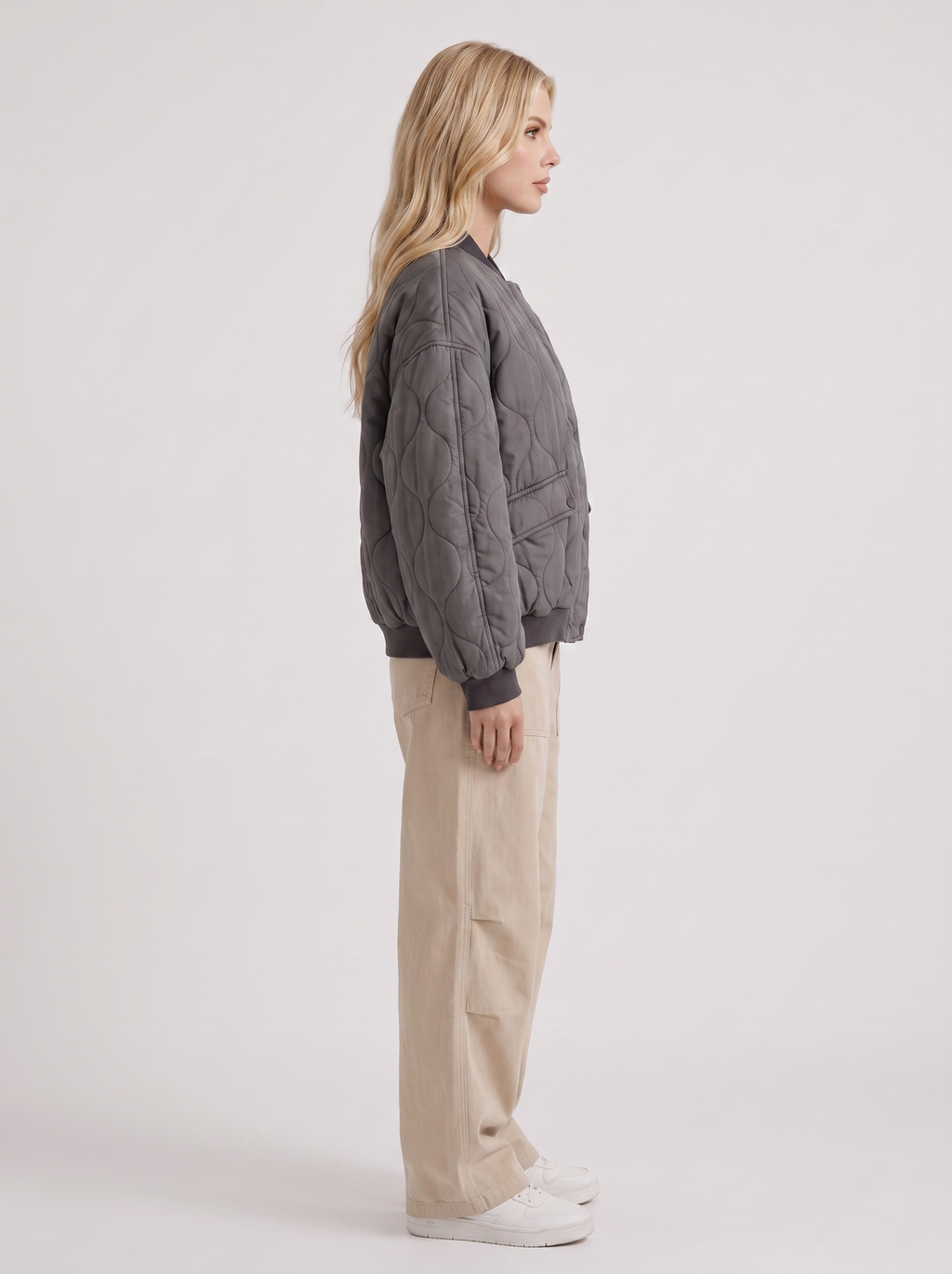 Women's Quilted Bomber Jacket – Oversized Snap-Front Jacket in Charcoal