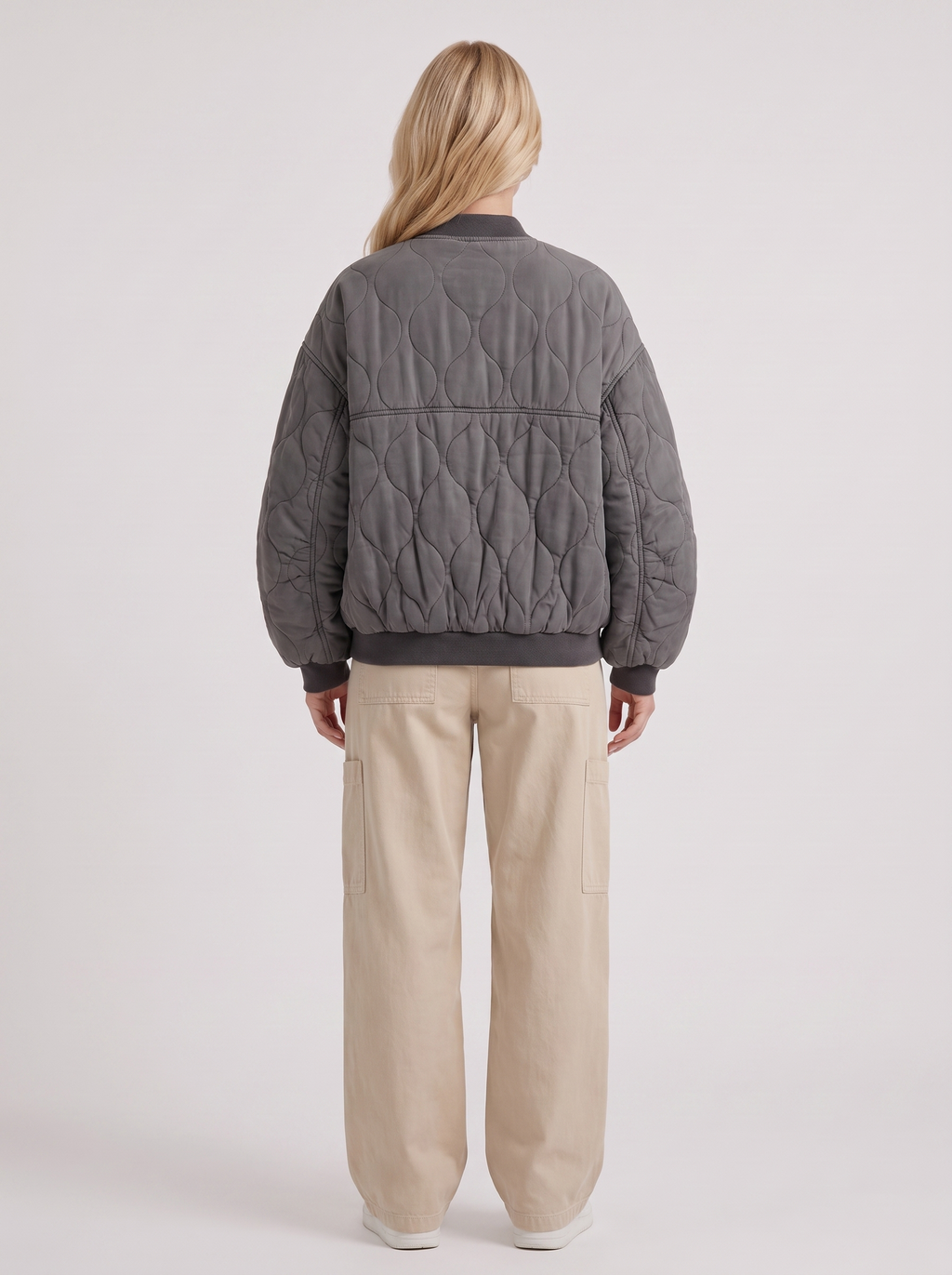 Women's Quilted Bomber Jacket – Oversized Snap-Front Jacket in Charcoal