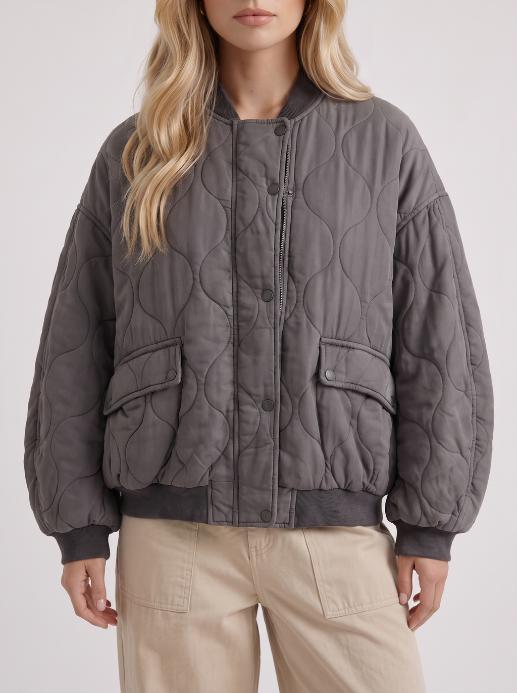 Women's Quilted Bomber Jacket – Oversized Snap-Front Jacket in Charcoal