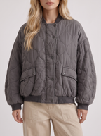 Women's Quilted Bomber Jacket – Oversized Snap-Front Jacket in Charcoal