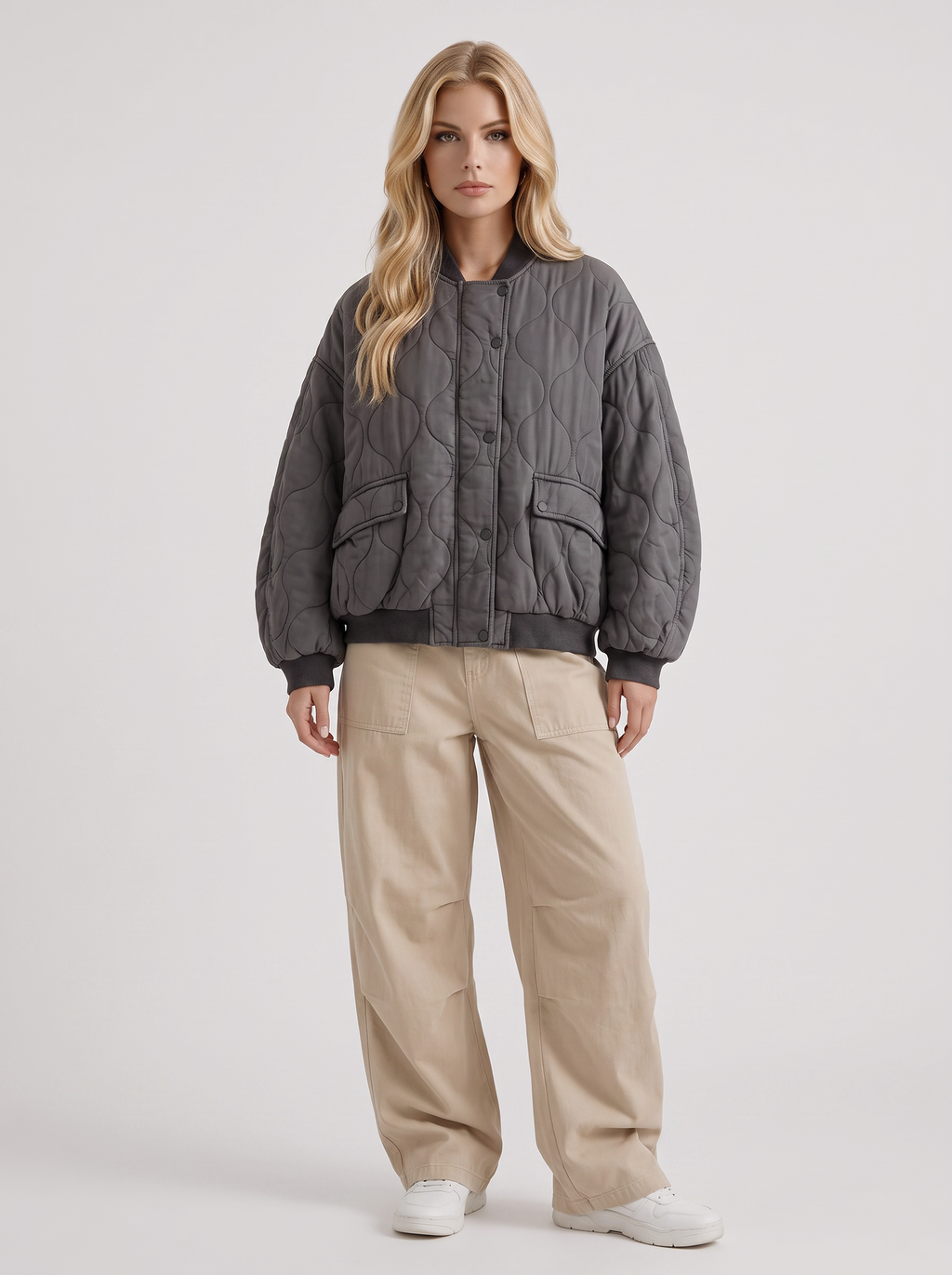 Women's Quilted Bomber Jacket – Oversized Snap-Front Jacket in Charcoal