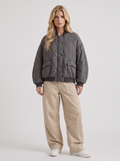 Women's Quilted Bomber Jacket – Oversized Snap-Front Jacket in Charcoal