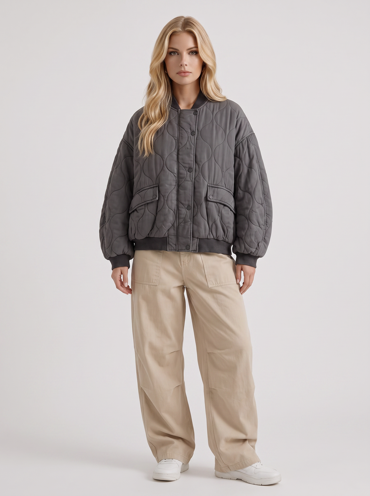Women's Quilted Bomber Jacket – Oversized Snap-Front Jacket in Charcoal