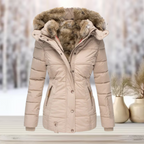 Women's Faux Fur Hooded Puffer Coat – Quilted Cinched Waist Winter Coat