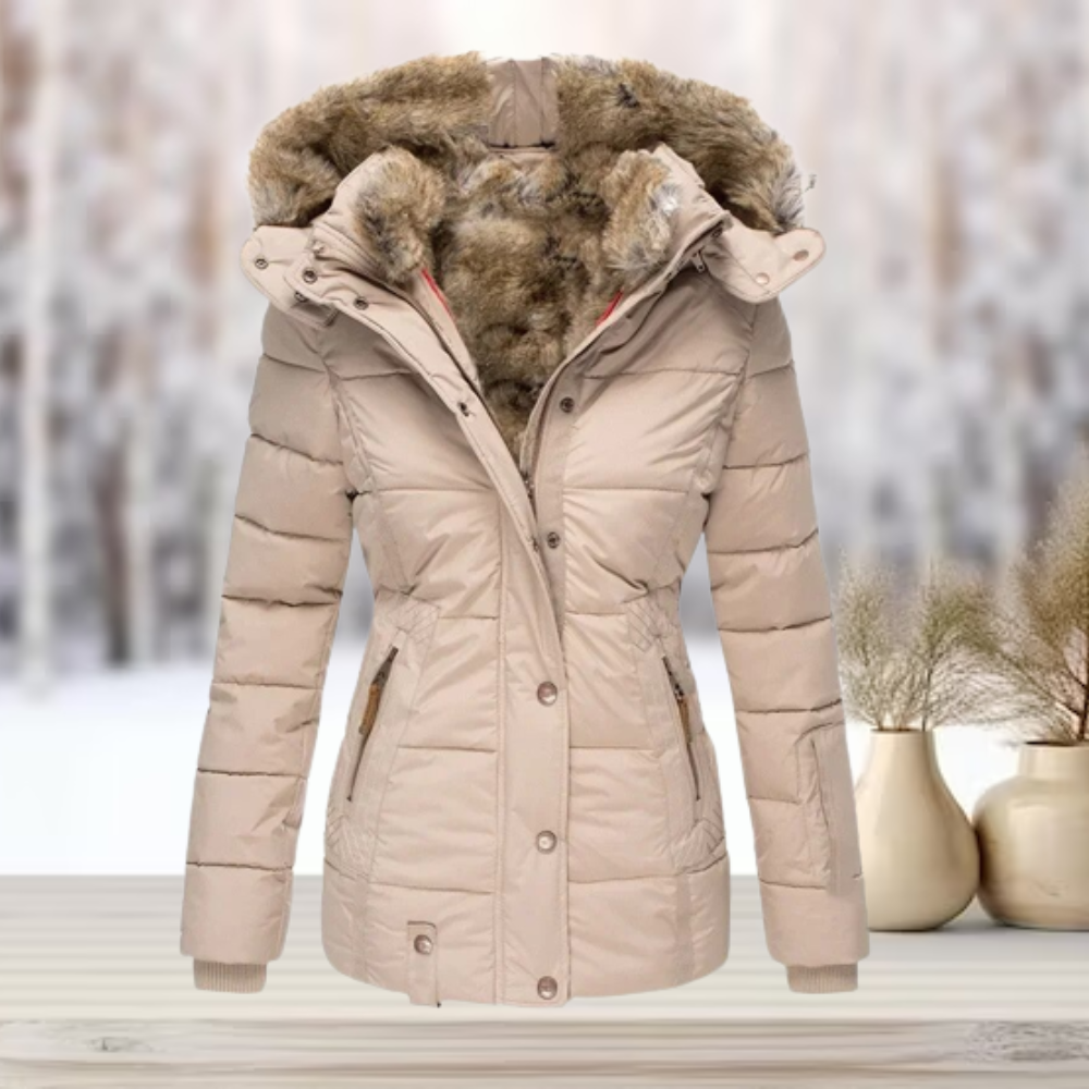 Women's Faux Fur Hooded Puffer Coat – Quilted Cinched Waist Winter Coat