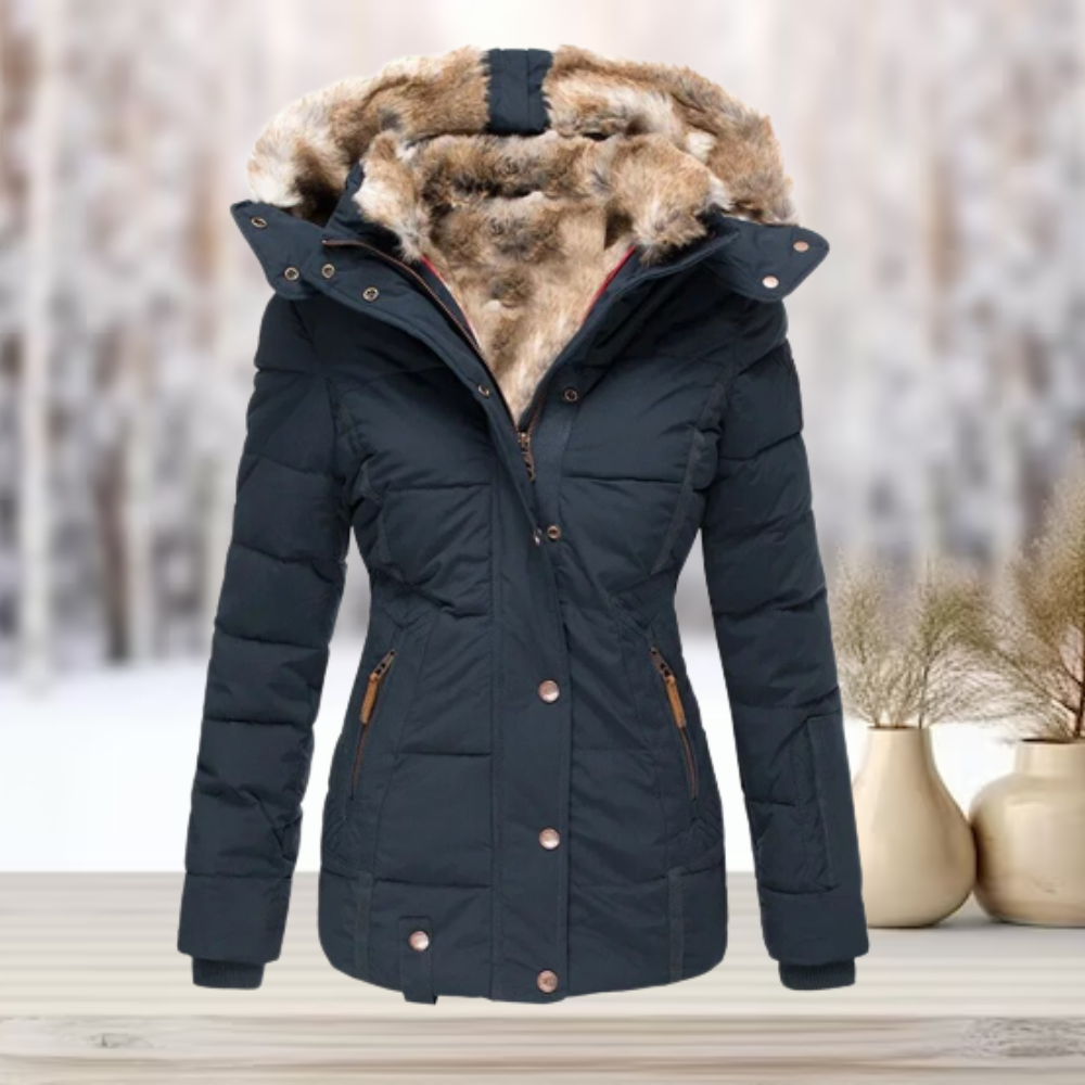 Women's Faux Fur Hooded Puffer Coat – Quilted Cinched Waist Winter Coat