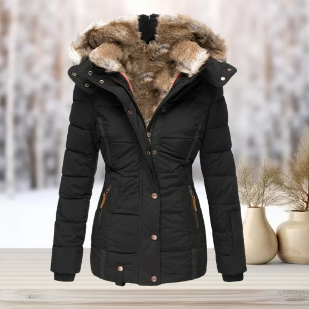 Women's Faux Fur Hooded Puffer Coat – Quilted Cinched Waist Winter Coat