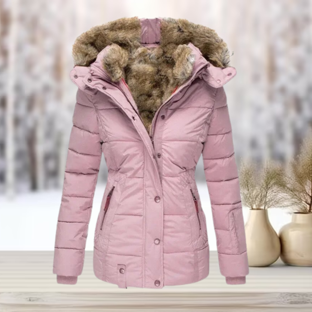 Women's Faux Fur Hooded Puffer Coat – Quilted Cinched Waist Winter Coat